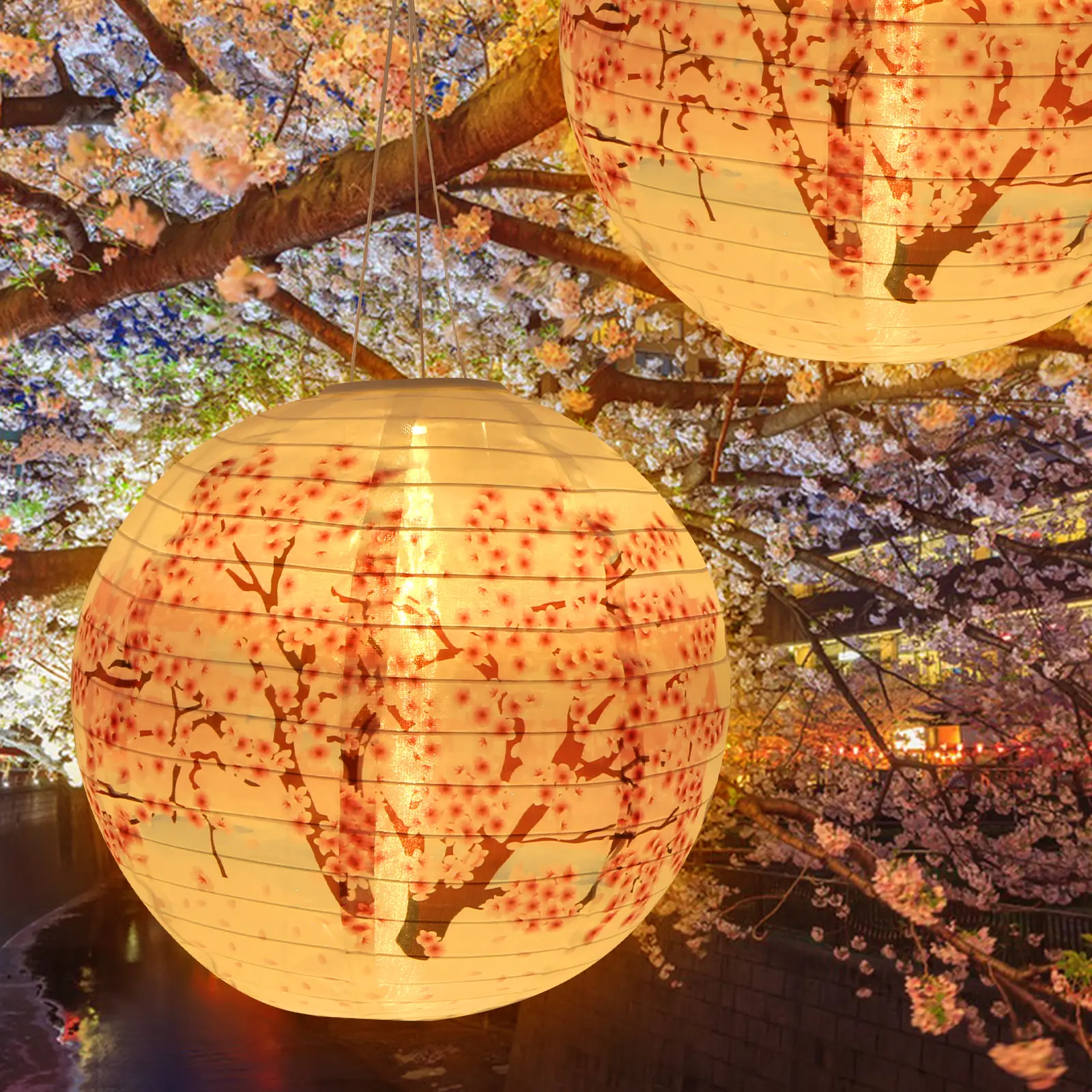 Solar Powered Cherry Blossom Lights IP65 Waterproof Chinese Traditional Hanging Lanterns Outdoor Lights for Patio Garden Decor