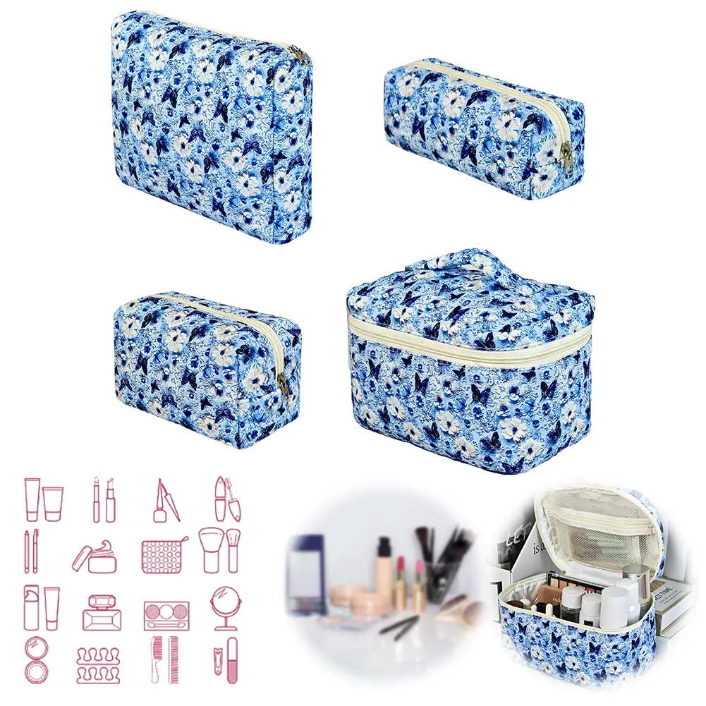 Cotton Padded Toiletry Case Floral Printed Portable Quilted Skincare Pouch Cute Storage Bag Commute Work Date Handbag