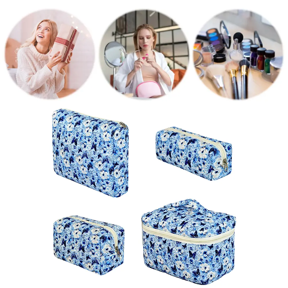 Cotton Padded Toiletry Case Floral Printed Portable Quilted Skincare Pouch Cute Storage Bag Commute Work Date Handbag