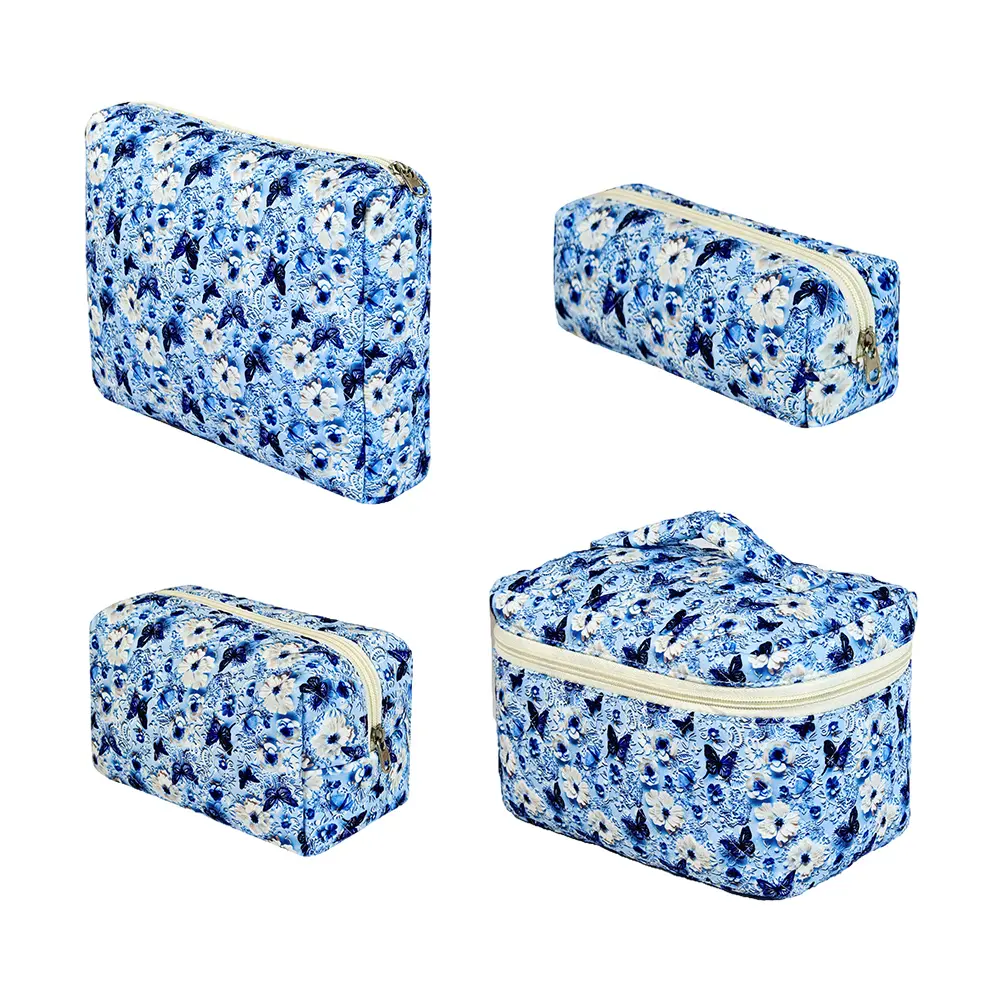 Cotton Padded Toiletry Case Floral Printed Portable Quilted Skincare Pouch Cute Storage Bag Commute Work Date Handbag