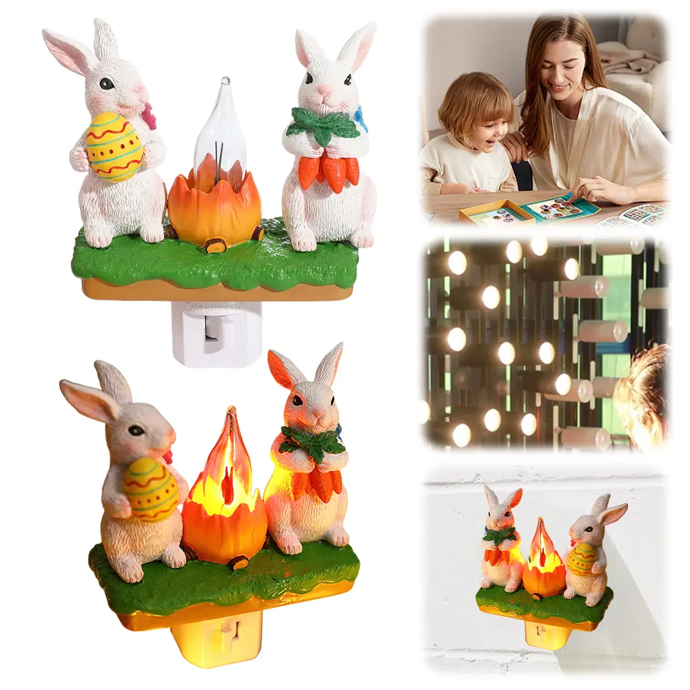 Resin Bunny Campfire Nightlight Plug Into Wall Tiny Rabbit Lamp Bunny Campfire Flickering Night Light Easter Bathroom Decoration