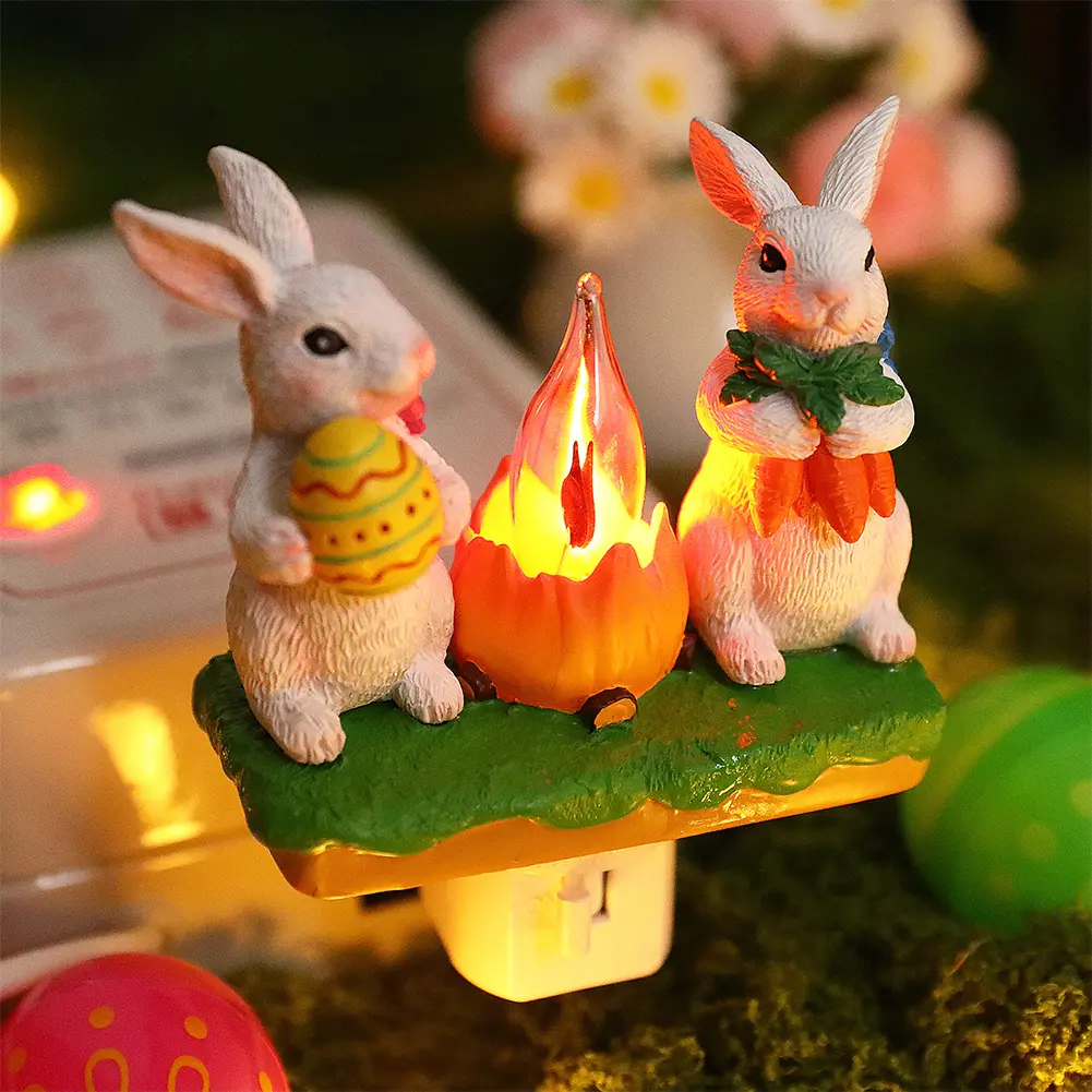 Resin Bunny Campfire Nightlight Plug Into Wall Tiny Rabbit Lamp Bunny Campfire Flickering Night Light Easter Bathroom Decoration