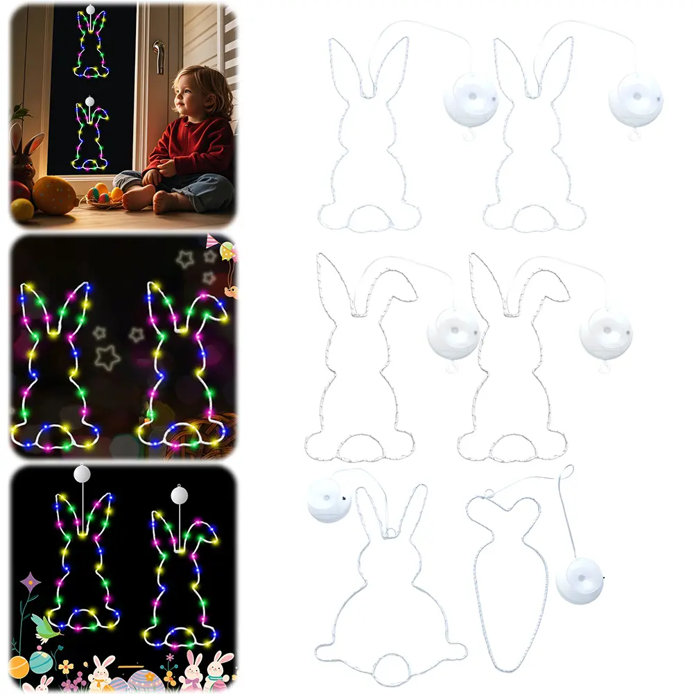 2Pcs LED Easter Rabbit Window Light with Suction Cup Hanging Fairy Lights Battery Operated for Festive Atmosphere Decoration