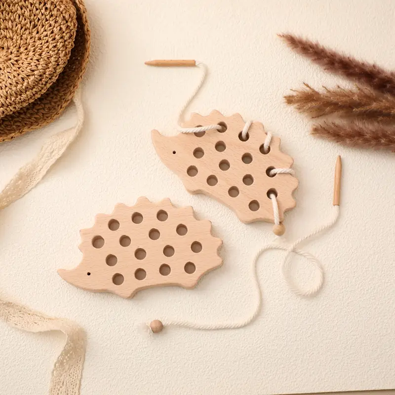 Baby Wooden Montessori Toys Animal Hedgehog Threading Board Kids Beech Wooden Educational Toy Button Bead Blocks Puzzle Toys