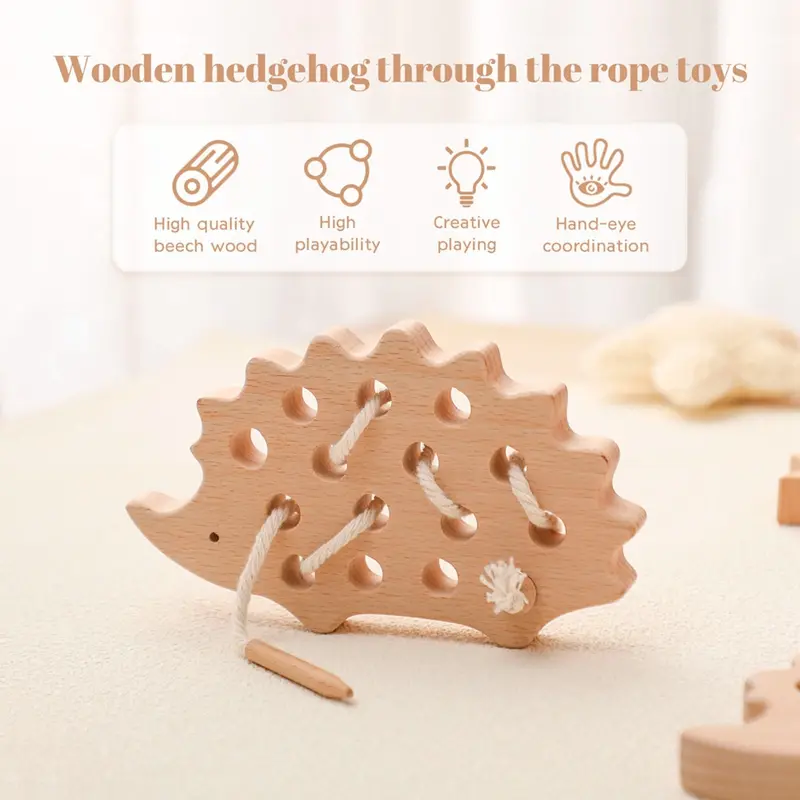 Baby Wooden Montessori Toys Animal Hedgehog Threading Board Kids Beech Wooden Educational Toy Button Bead Blocks Puzzle Toys