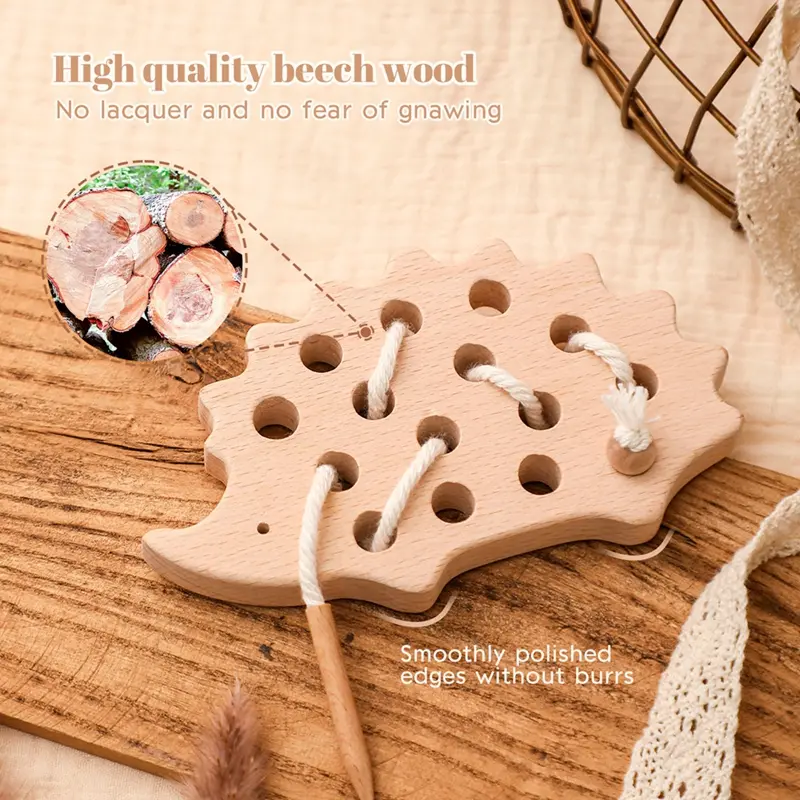 Baby Wooden Montessori Toys Animal Hedgehog Threading Board Kids Beech Wooden Educational Toy Button Bead Blocks Puzzle Toys