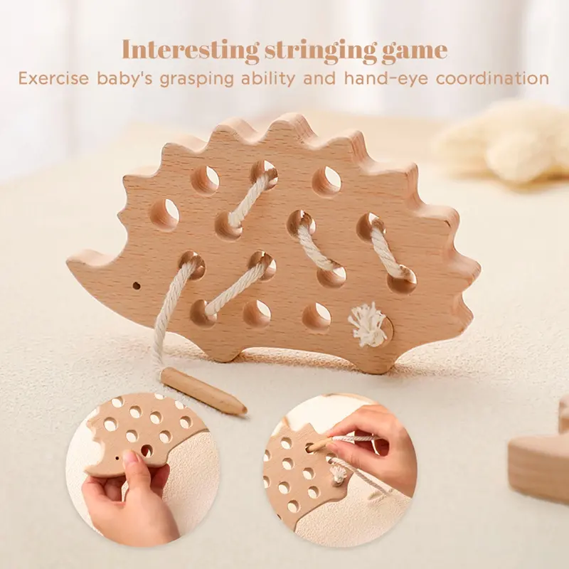 Baby Wooden Montessori Toys Animal Hedgehog Threading Board Kids Beech Wooden Educational Toy Button Bead Blocks Puzzle Toys