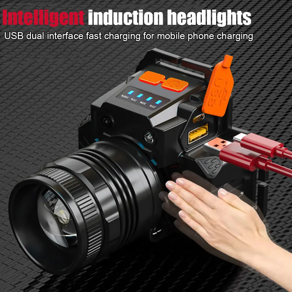 Emergency Head Flashlight Motion Sensor USB Charging High Brightness Headlight 800mAh for Outdoor Fishing Camping Hiking