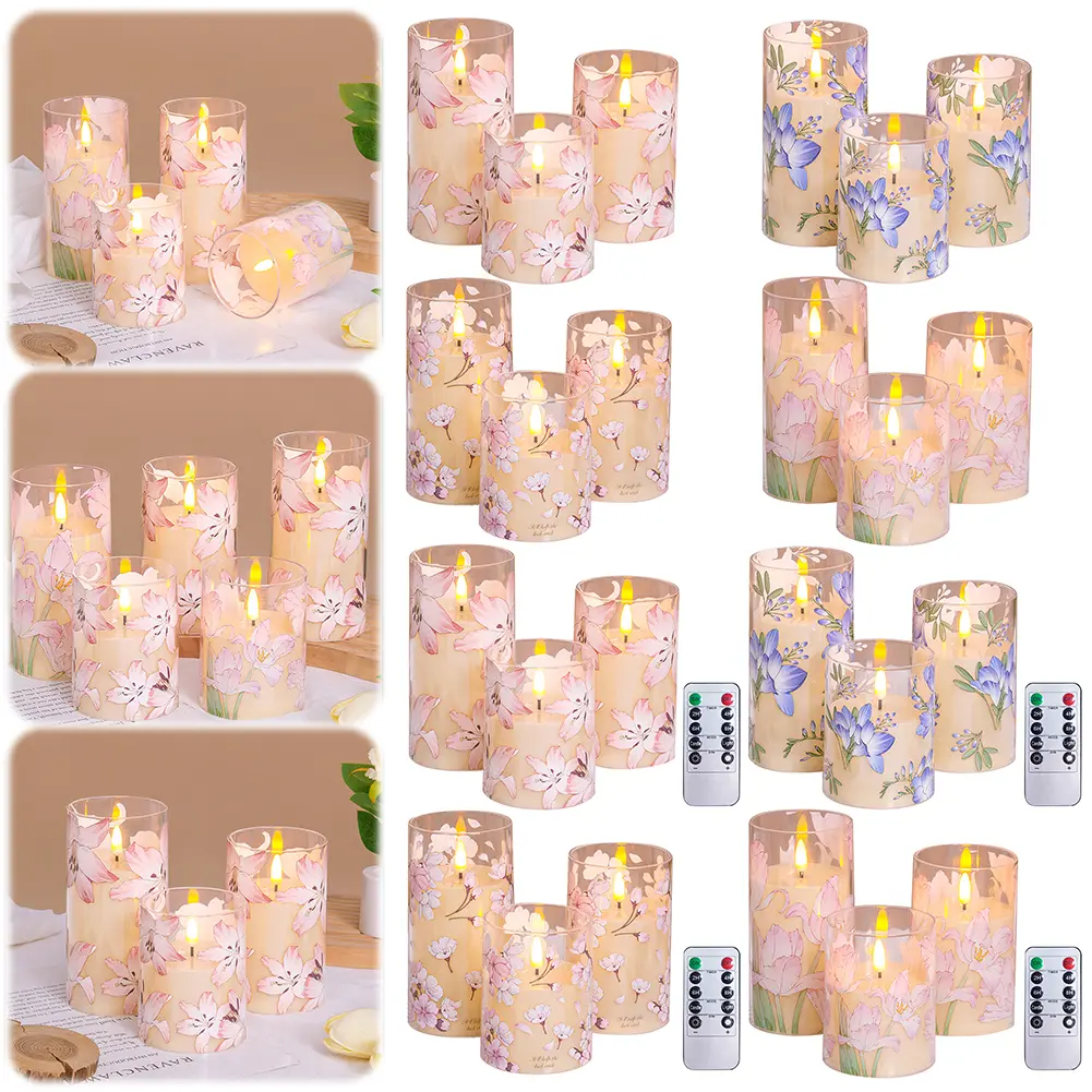 3Pcs Flower LED Candle Light Flickering Pillar Candle Battery Operated Electronic Candle Light for Desktop Decor