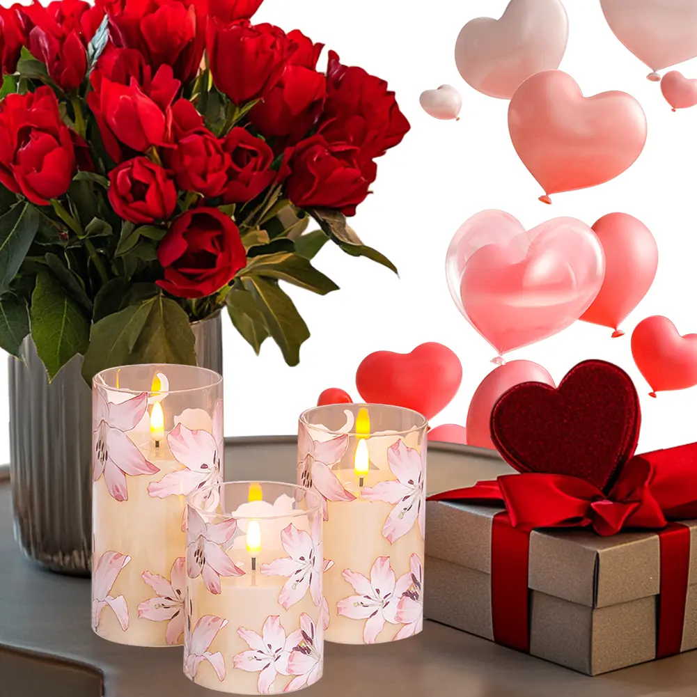 3Pcs Flower LED Candle Light Flickering Pillar Candle Battery Operated Electronic Candle Light for Desktop Decor