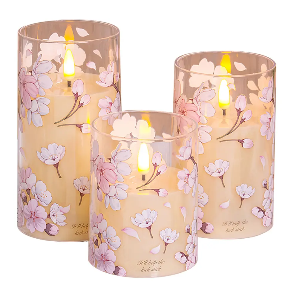 3Pcs Flower LED Candle Light Flickering Pillar Candle Battery Operated Electronic Candle Light for Desktop Decor