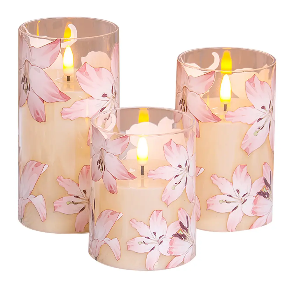 3Pcs Flower LED Candle Light Flickering Pillar Candle Battery Operated Electronic Candle Light for Desktop Decor