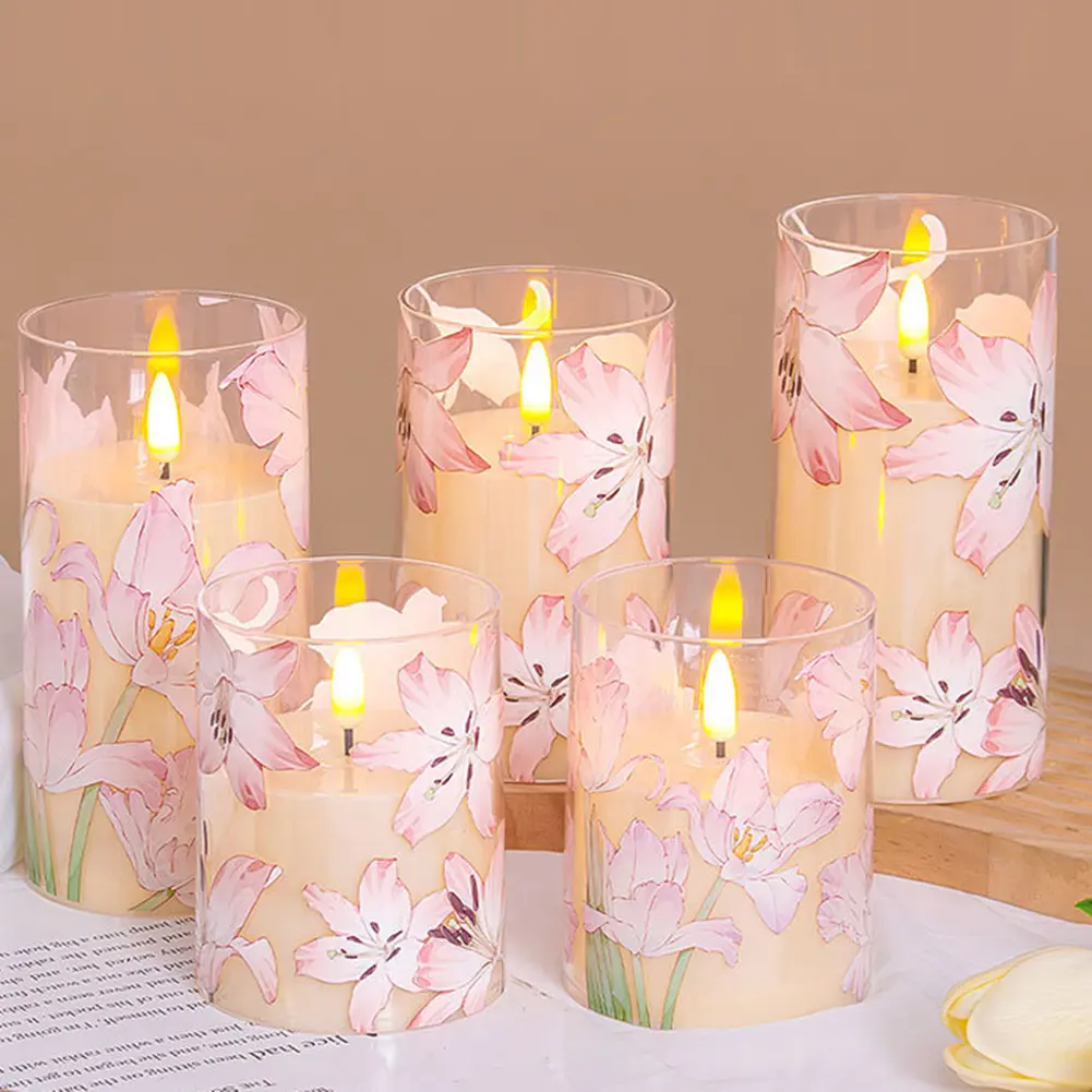 3Pcs Flower LED Candle Light Flickering Pillar Candle Battery Operated Electronic Candle Light for Desktop Decor