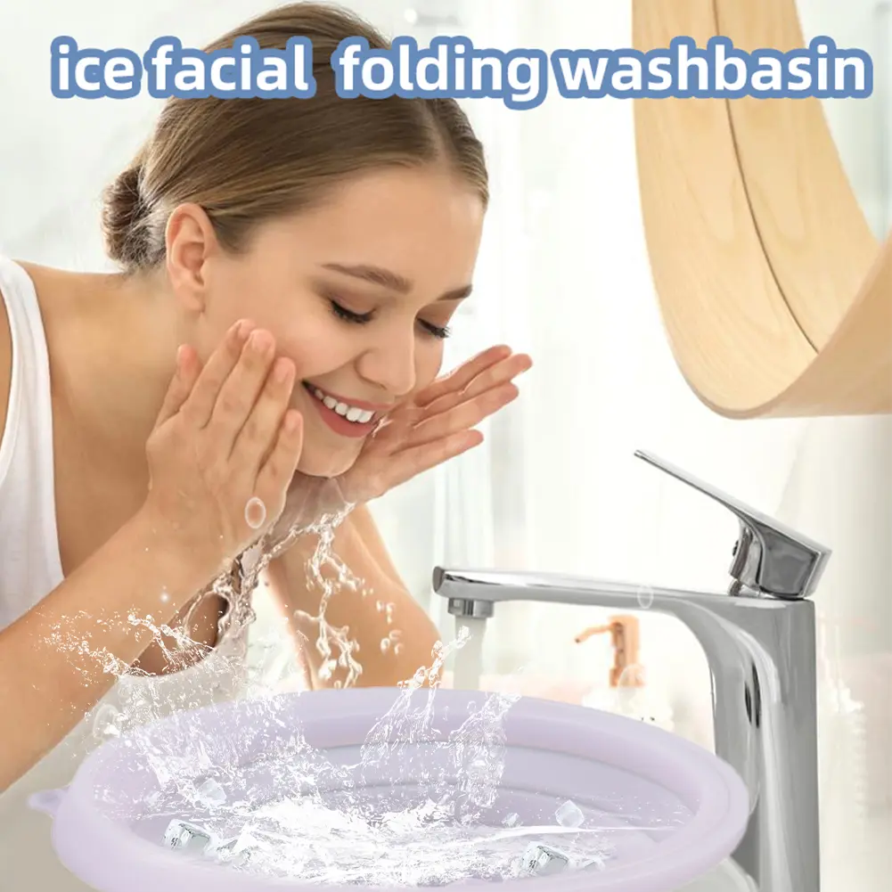 Silicone Ice Facial Folding Washbasin with Built-in Icetray Collapsible Ice Water Face Cold Plunge for Face Ice Bath