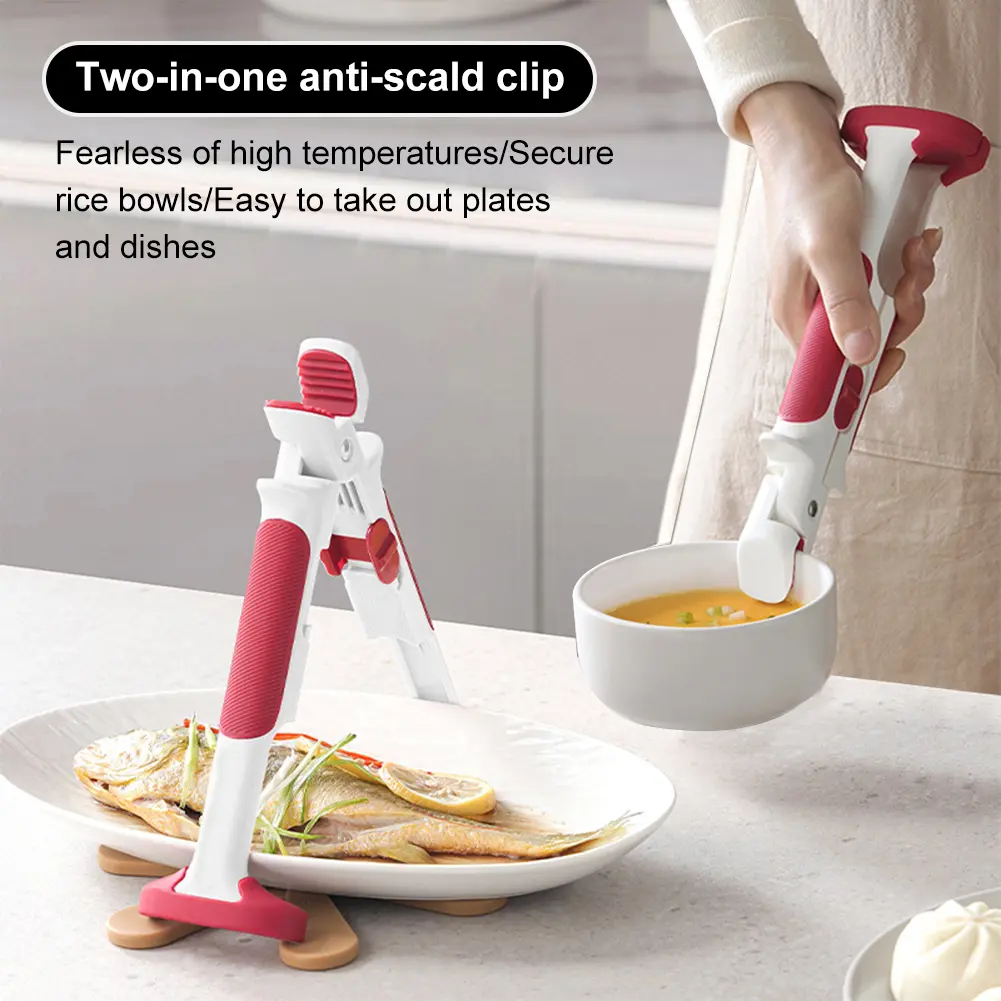 2 In 1 Silicone Bowl Holder Clip Non Slip Long Handle Bowl Gripper Anti-Scald Hot Dish Retriever Tongs for Home Kitchen
