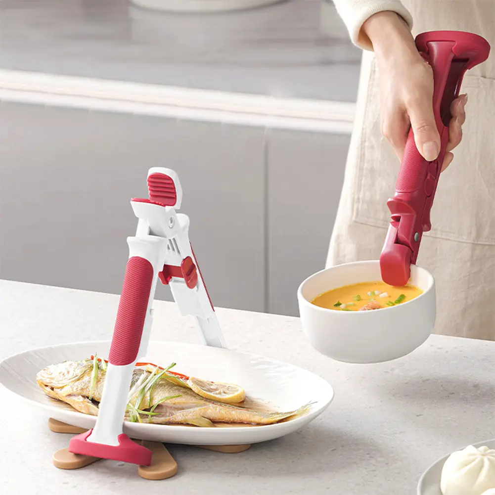 2 In 1 Silicone Bowl Holder Clip Non Slip Long Handle Bowl Gripper Anti-Scald Hot Dish Retriever Tongs for Home Kitchen