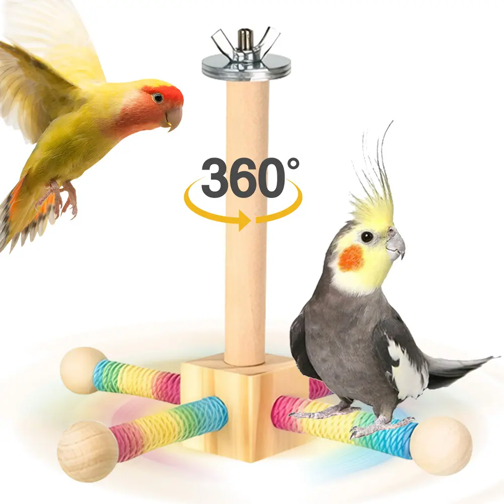 Wooden Bird Perch Toy with Bearing Bird Sisal Climbing Stick Wear Resist Parrot Windmill Toy Station for Bird Cage Accessories