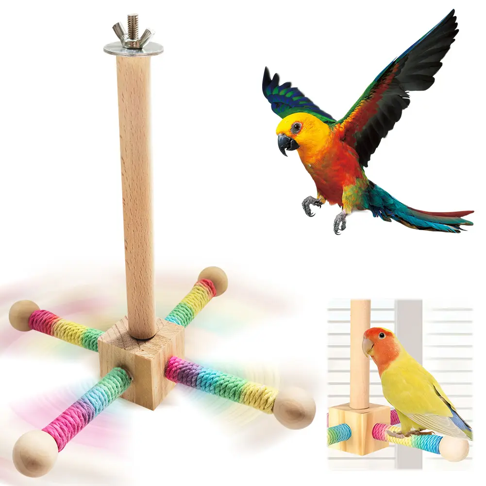 Wooden Bird Perch Toy with Bearing Bird Sisal Climbing Stick Wear Resist Parrot Windmill Toy Station for Bird Cage Accessories