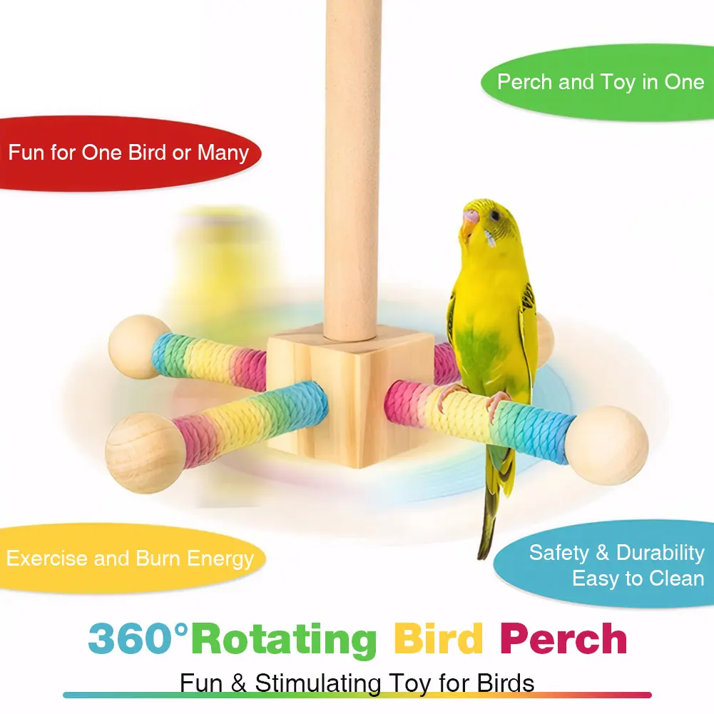 Wooden Bird Perch Toy with Bearing Bird Sisal Climbing Stick Wear Resist Parrot Windmill Toy Station for Bird Cage Accessories