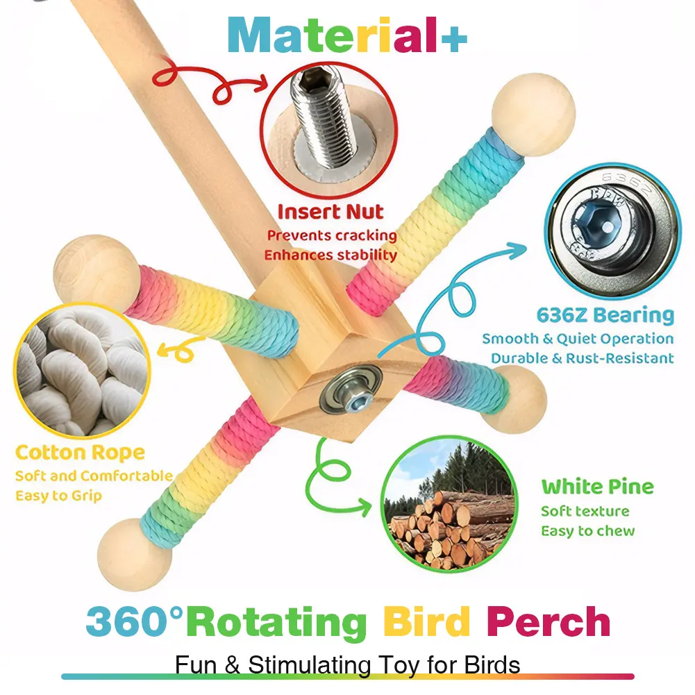 Wooden Bird Perch Toy with Bearing Bird Sisal Climbing Stick Wear Resist Parrot Windmill Toy Station for Bird Cage Accessories