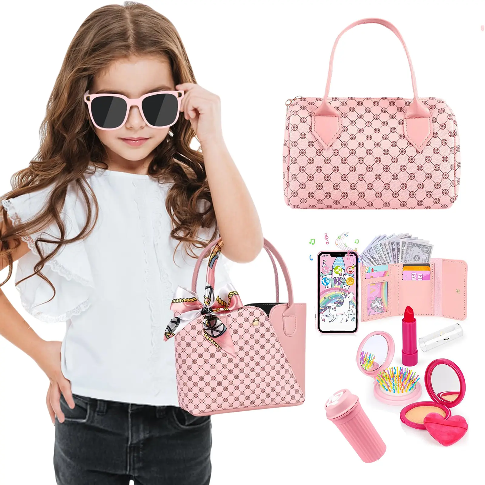 Little Girls Play Purse 32Pcs Toddler Purse Cell Phone/Makeup/Keys Princess Gifts Play Purse Set Princess Makeup Purse for Girls