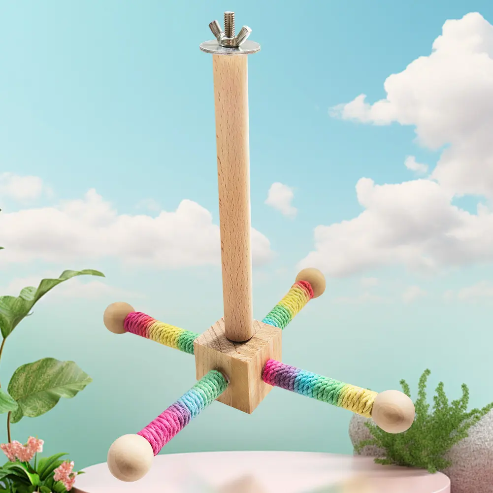 Wooden Bird Perch Toy with Bearing Bird Sisal Climbing Stick Wear Resist Parrot Windmill Toy Station for Bird Cage Accessories