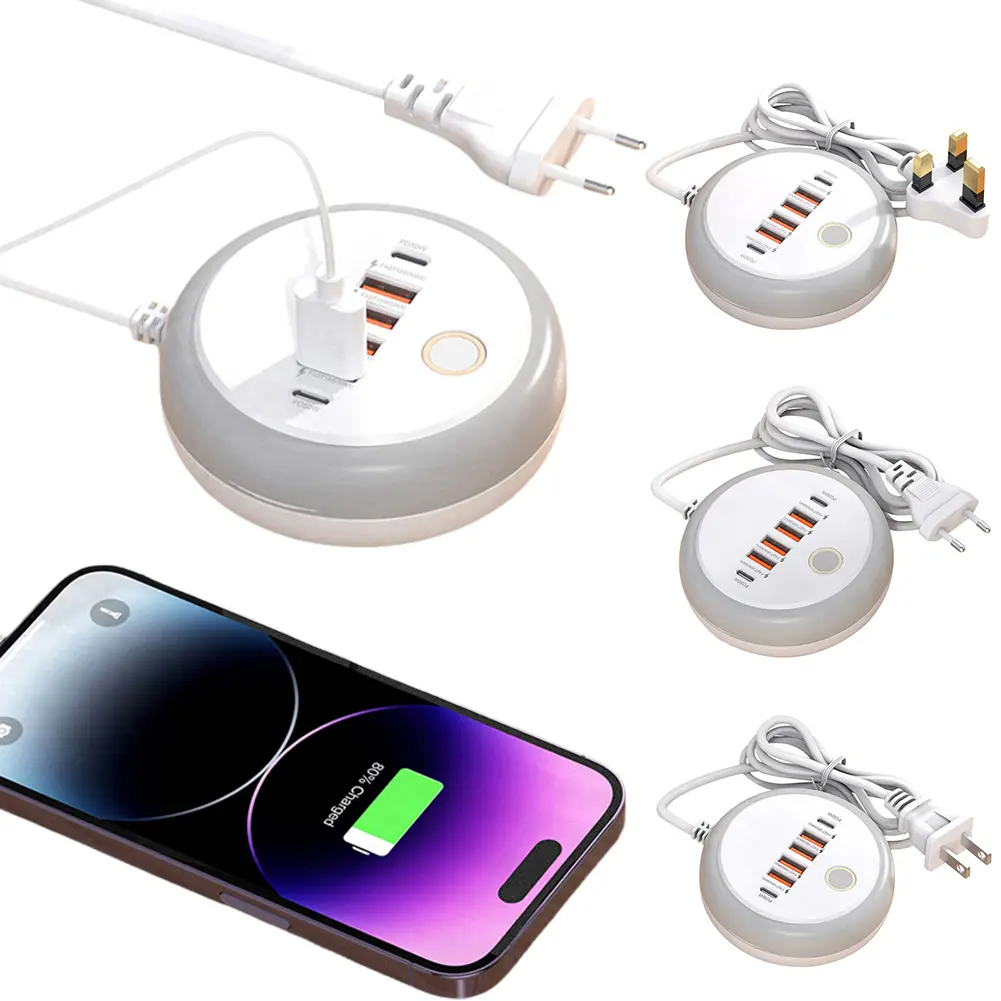 PD20W Fast Charging Wall Charger with LED Light 2 Type-C+4 USB Quick Mobile Phone Charger Fast Charging Station for Home Office