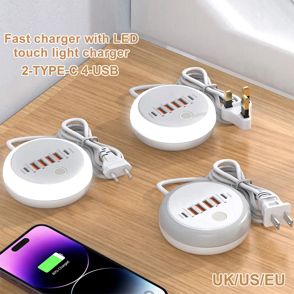 PD20W Fast Charging Wall Charger with LED Light 2 Type-C+4 USB Quick Mobile Phone Charger Fast Charging Station for Home Office