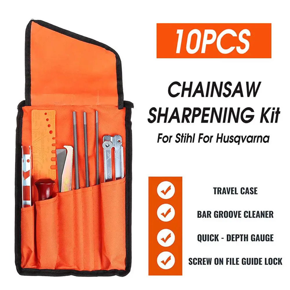 10pcs Professional Chainsaw Chain Grinding Kit Round Flat File Guide Hand Tools File Shield Folder Depth Gauge