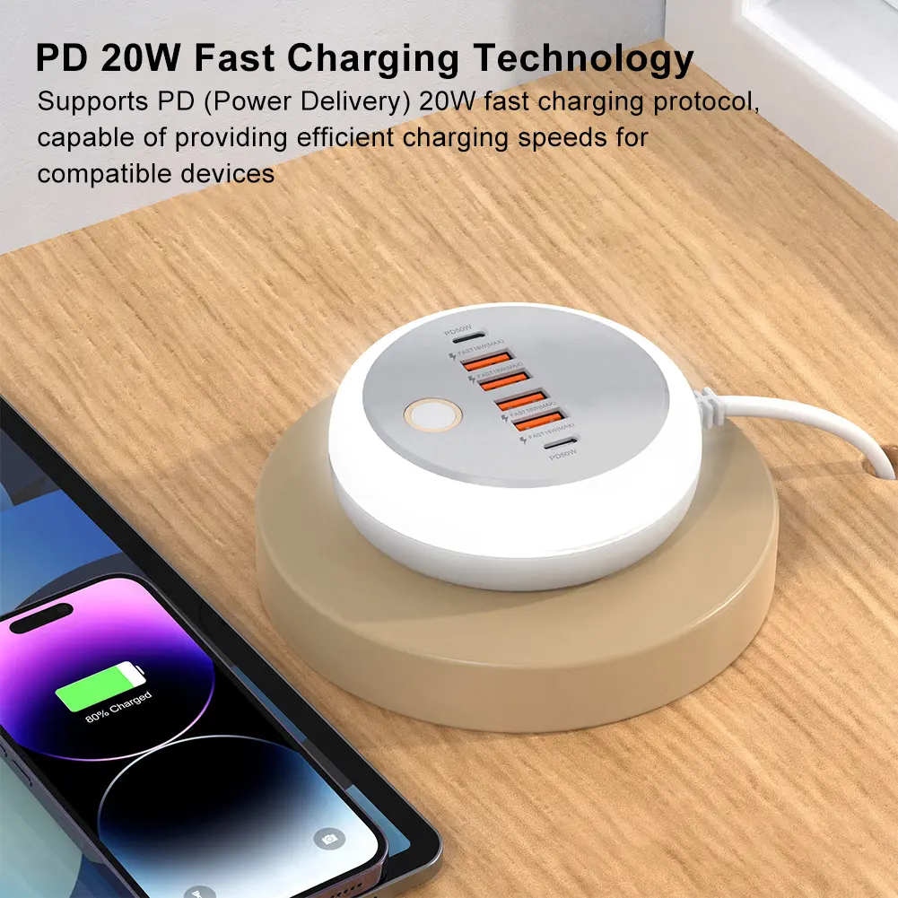 PD20W Fast Charging Wall Charger with LED Light 2 Type-C+4 USB Quick Mobile Phone Charger Fast Charging Station for Home Office