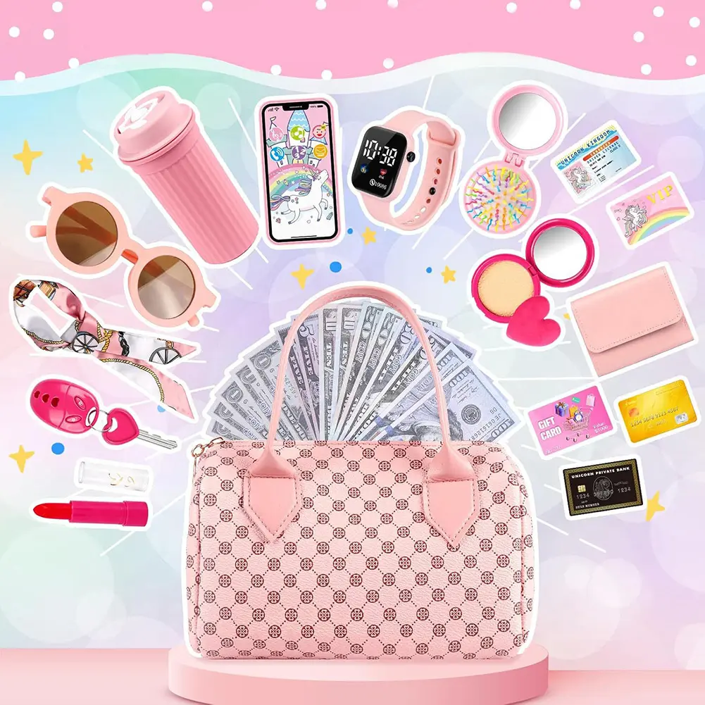 Little Girls Play Purse 32Pcs Toddler Purse Cell Phone/Makeup/Keys Princess Gifts Play Purse Set Princess Makeup Purse for Girls