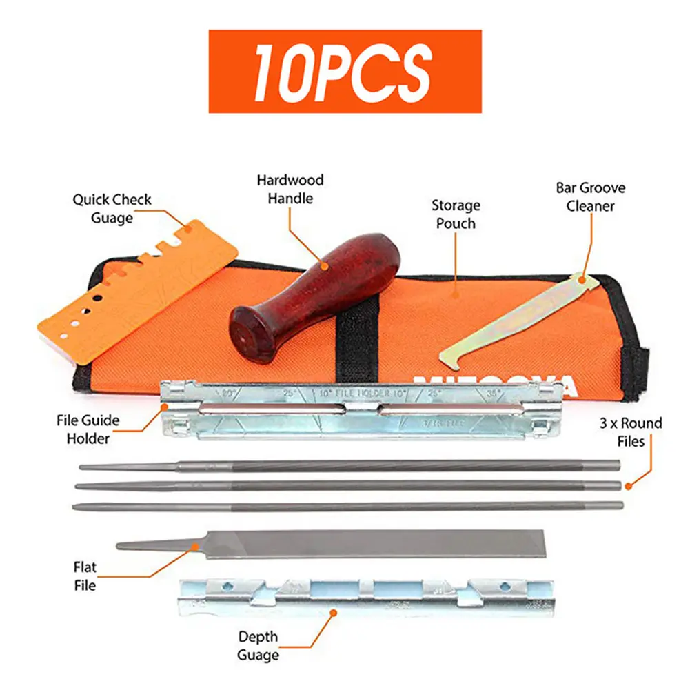10pcs Professional Chainsaw Chain Grinding Kit Round Flat File Guide Hand Tools File Shield Folder Depth Gauge