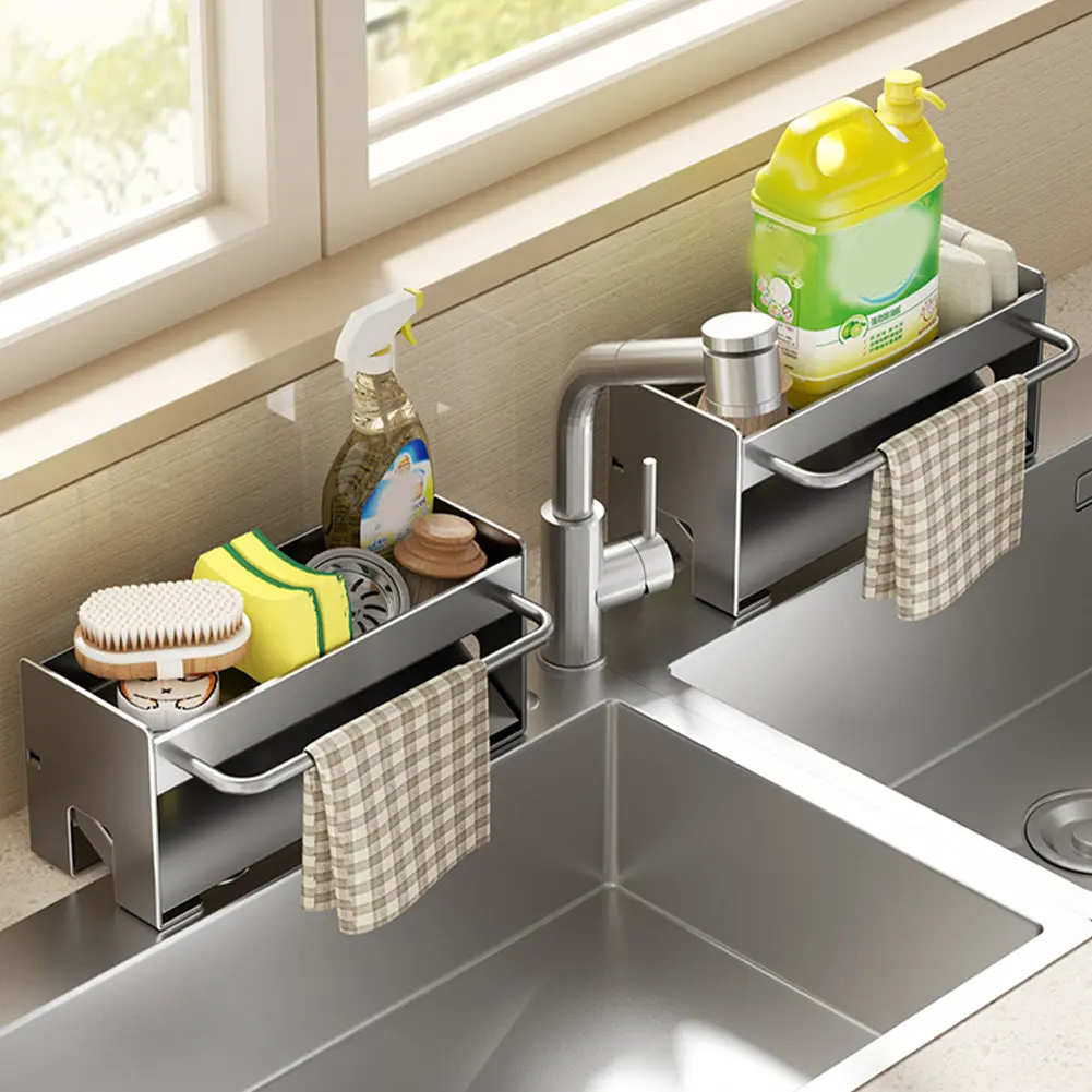 Sink Caddy Organizer Soap Dispenser Organizer Self-Drainage Kitchen Storage Rack Countertop Storage Shelf for Kitchen Bathroom