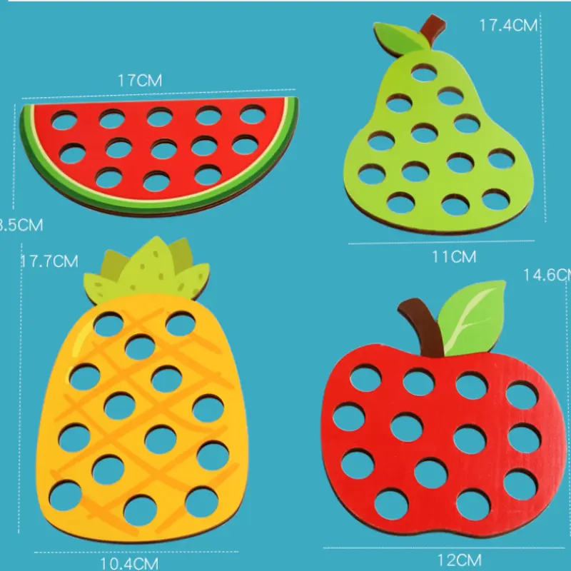 Wooden Lacing Toy Educational Fruits Threading Activity Puzzles Learning Fine Motor Skill Car Travel Toy Set for Toddlers Kids