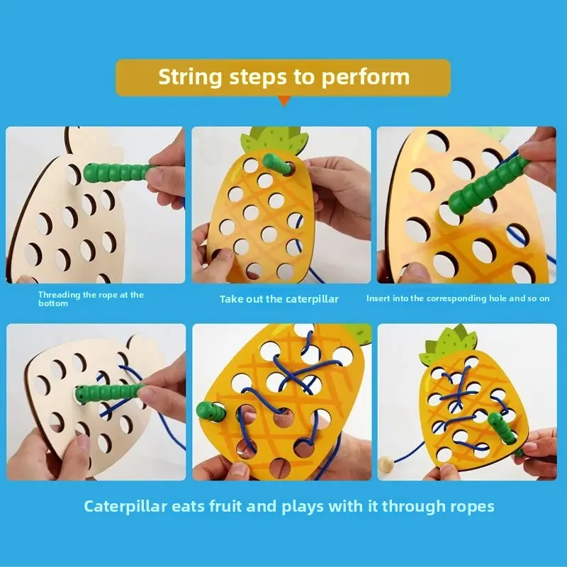 Wooden Lacing Toy Educational Fruits Threading Activity Puzzles Learning Fine Motor Skill Car Travel Toy Set for Toddlers Kids