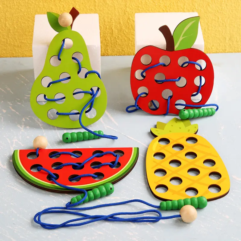 Wooden Lacing Toy Educational Fruits Threading Activity Puzzles Learning Fine Motor Skill Car Travel Toy Set for Toddlers Kids