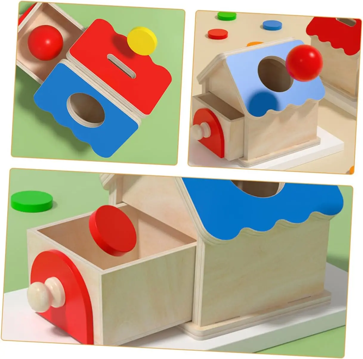 Montessori Coin Box Toys Object Permanent 2-in-1 Wooden Ball Drop Games & Wooden Puzzle Double Drawers Toys Gifts for Toddler
