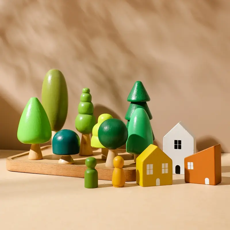 Wooden Building House Block Forest Ornaments Toy Christmas Tree Children Montessori Education Toy Wooden Grasp Matching Toy Gift