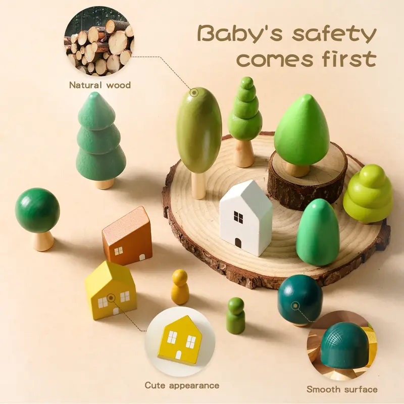 Wooden Building House Block Forest Ornaments Toy Christmas Tree Children Montessori Education Toy Wooden Grasp Matching Toy Gift