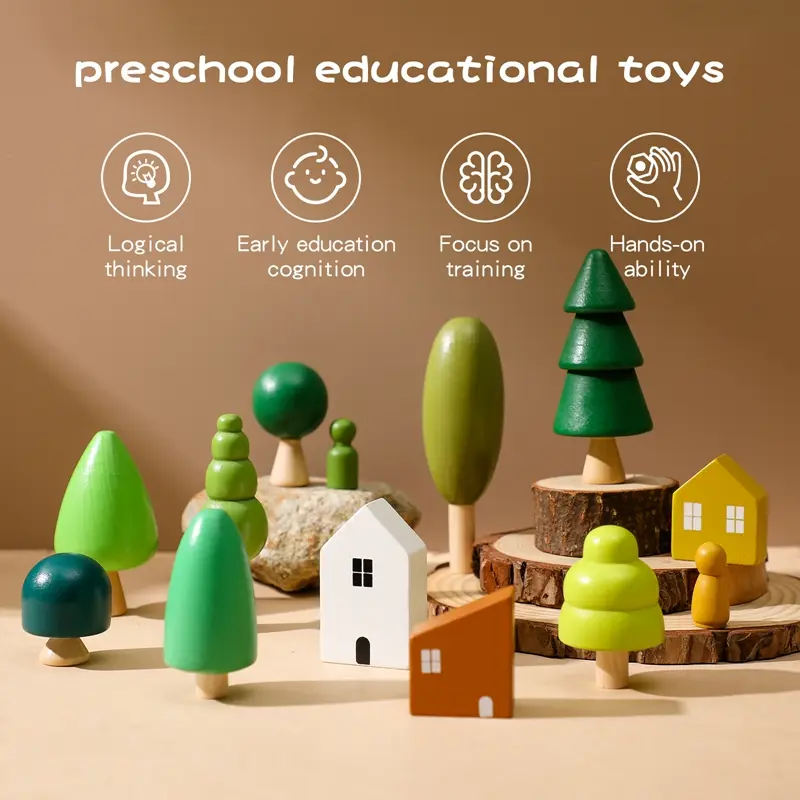 Wooden Building House Block Forest Ornaments Toy Christmas Tree Children Montessori Education Toy Wooden Grasp Matching Toy Gift