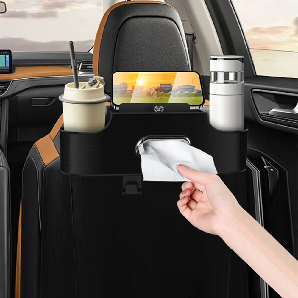 4-In-1 Car Seat Back Storage Bag with Tissue Cup Holder Seat Hanging Bag PU Leather Vehicle Storage Box Auto Accessories