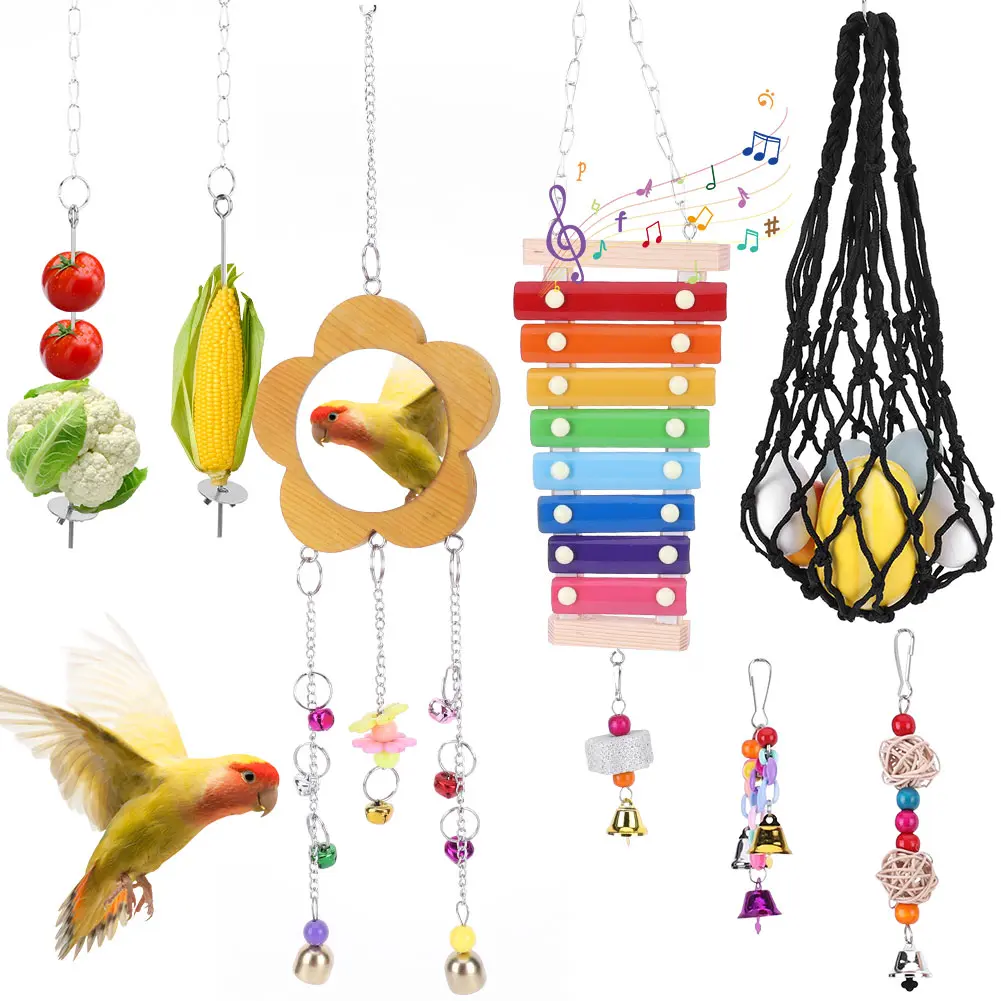 10PCS Bird Toys Set Swing Chewing Training Toys Swing Hanging Standing Chewing Toy Bird Perch Stand Bird Cage Accessories