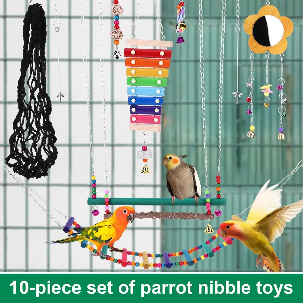 10PCS Bird Toys Set Swing Chewing Training Toys Swing Hanging Standing Chewing Toy Bird Perch Stand Bird Cage Accessories