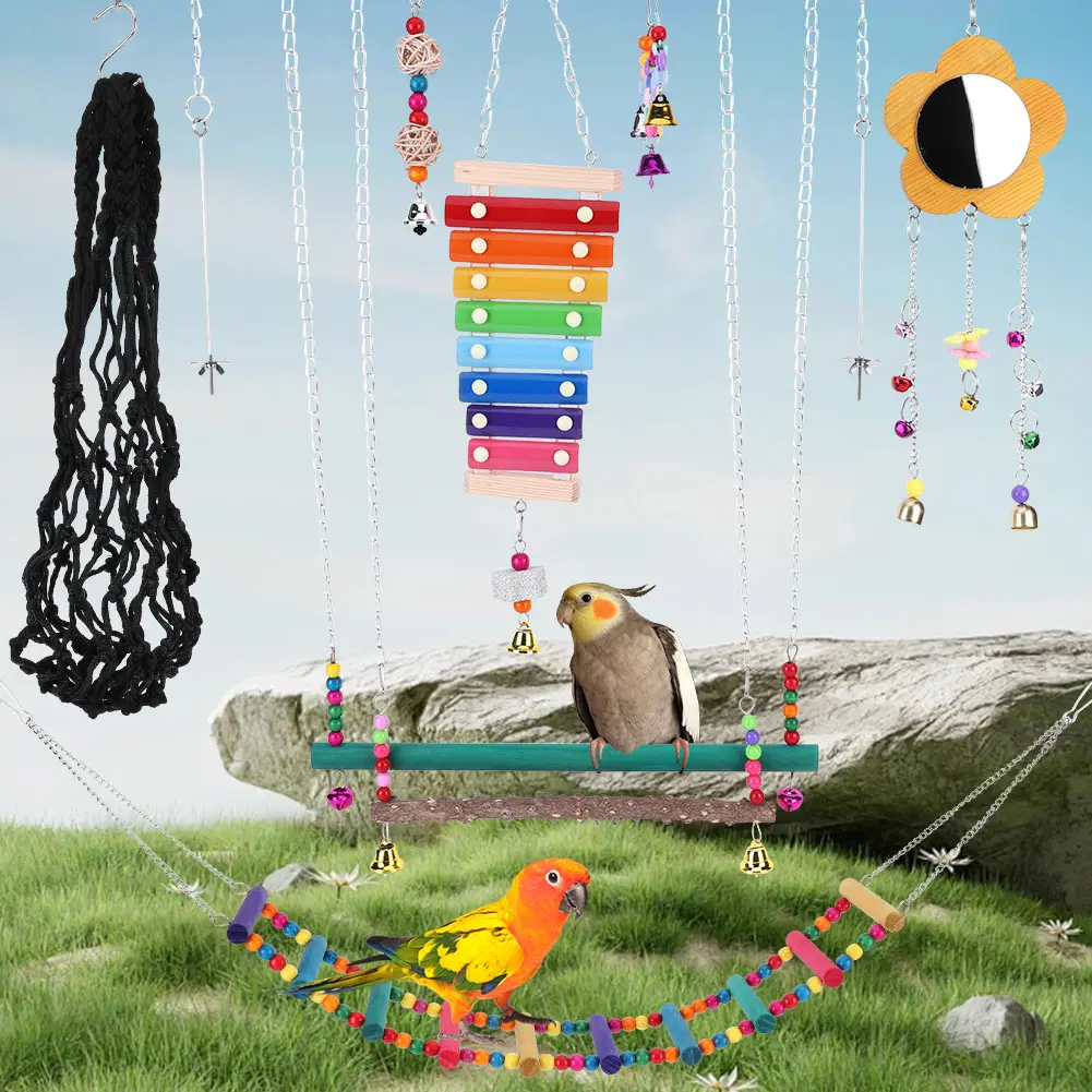 10PCS Bird Toys Set Swing Chewing Training Toys Swing Hanging Standing Chewing Toy Bird Perch Stand Bird Cage Accessories