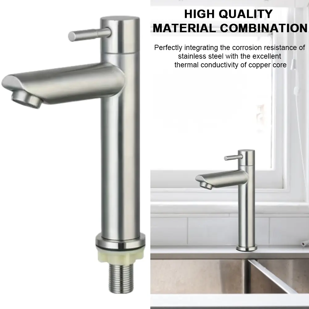 Stainless Steel Single Cold Water Sink Faucet Deck Mounted Bathroom Counter Basin Faucet Sink Water Tap for Bathroom Kitchen