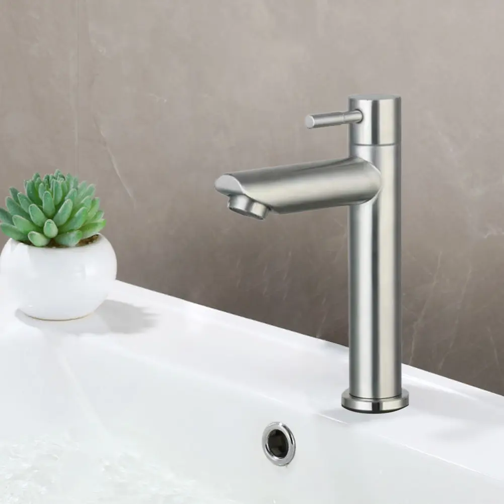 Stainless Steel Single Cold Water Sink Faucet Deck Mounted Bathroom Counter Basin Faucet Sink Water Tap for Bathroom Kitchen