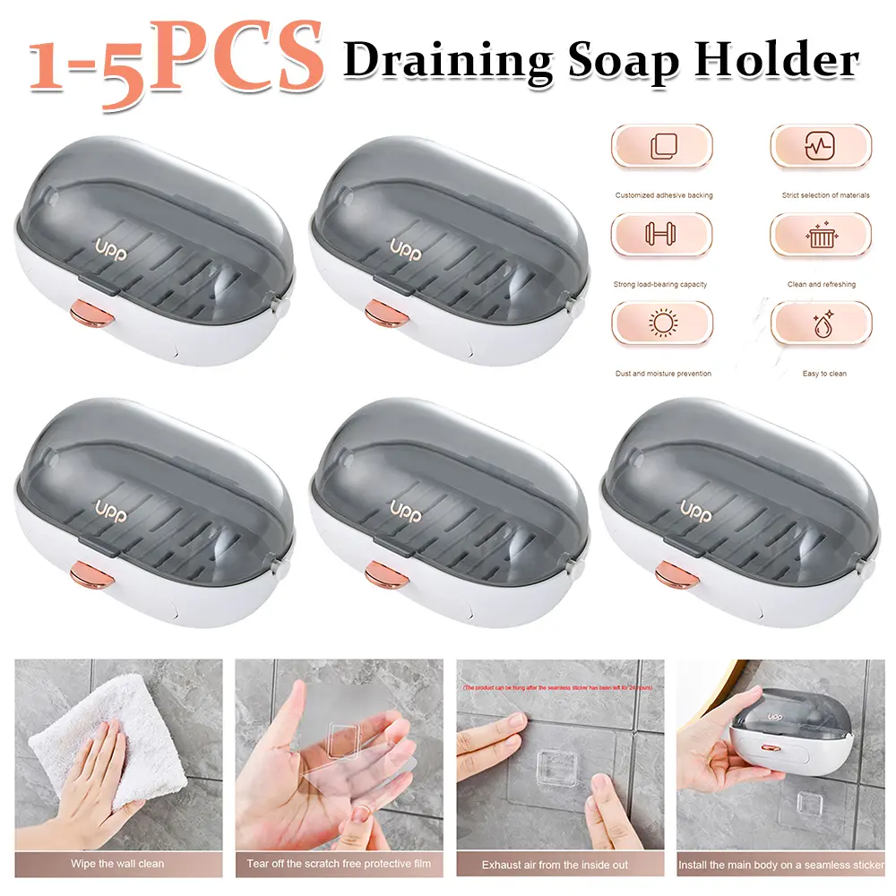 1-5PCS Soap Box Clamshell Soap Holder No Punching Plastic Soap Dish Wall Mounted Self-Adhesive for Home Bathroom Tub