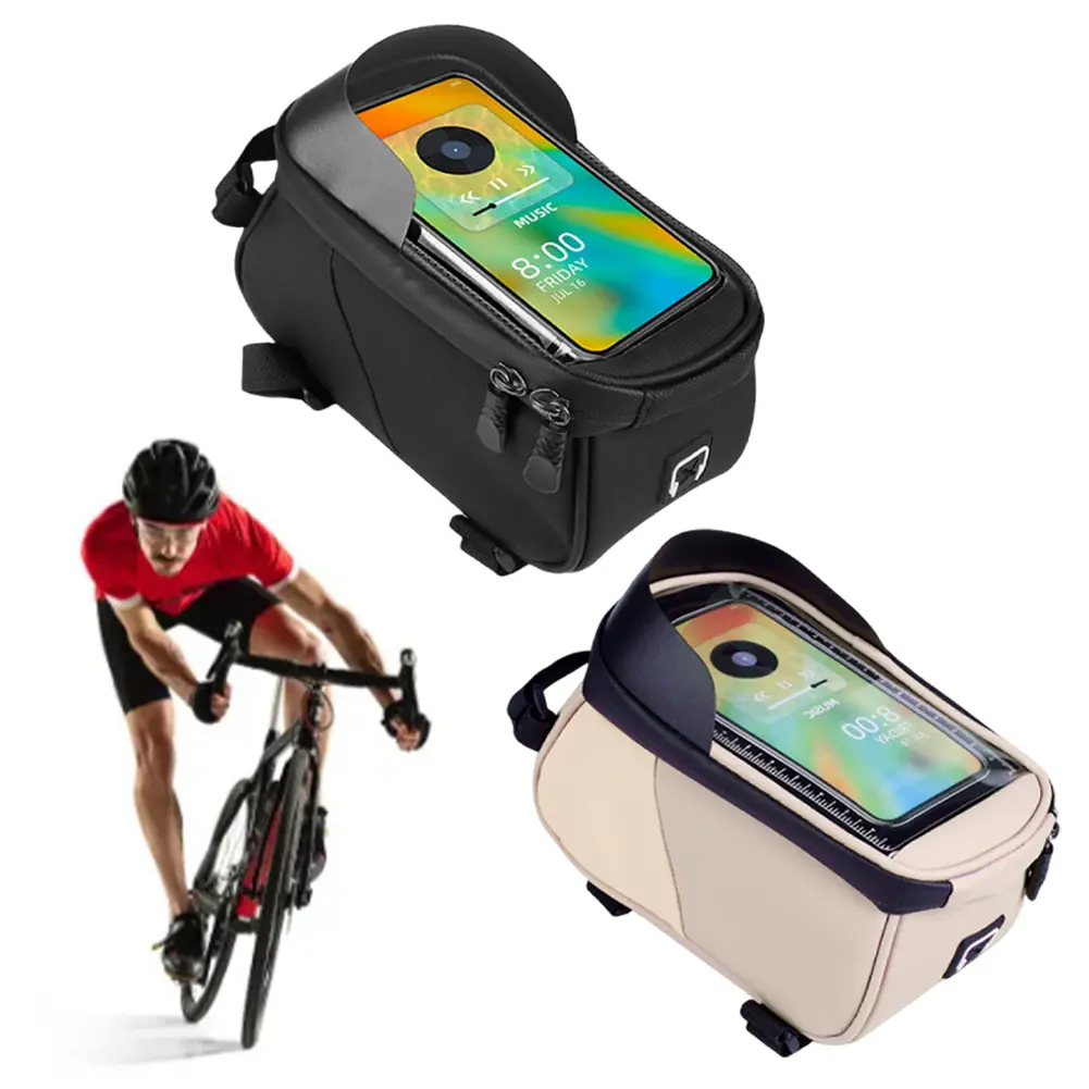 Bike Front Frame Bag Bike Storage Bag Waterproof Bike Phone Holder Bag Touch-Screen PU Bike Tube Bag for Phones Under 6.5 Inch