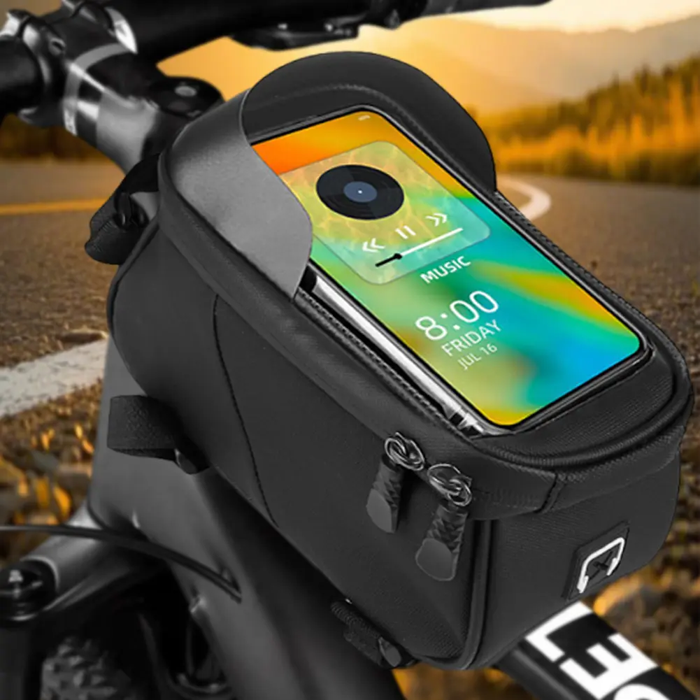 Bike Front Frame Bag Bike Storage Bag Waterproof Bike Phone Holder Bag Touch-Screen PU Bike Tube Bag for Phones Under 6.5 Inch