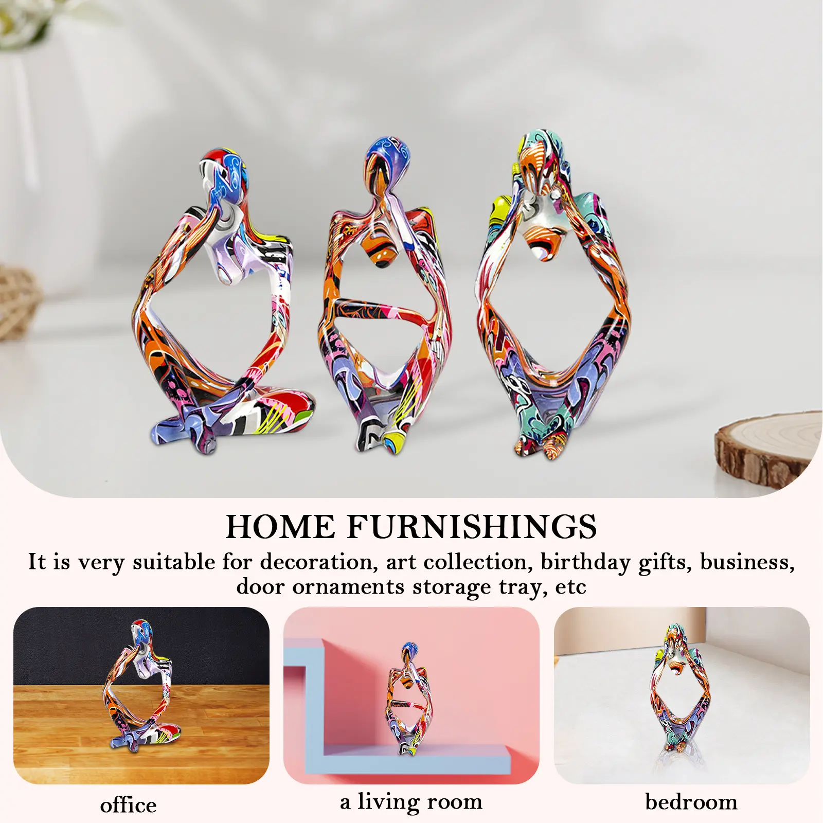 Resin Mini Thinker Figurine Graffiti Abstract Modern Thinker Sculpture Ornaments Handicraft Home Decor for Living Room